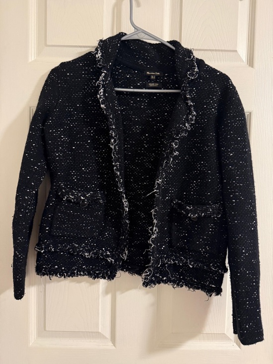 Massimo Dutti Sweaters - Massimo Dutti Black Bouclé Open-Front Cardigan with Fringe Trim